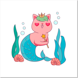 Lovely Mermaid Cat Posters and Art